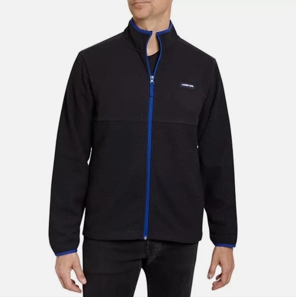 Lands' End Waffle Grid Fleece Full Zip Jacket Black Blue Trim Size Medium 38-40